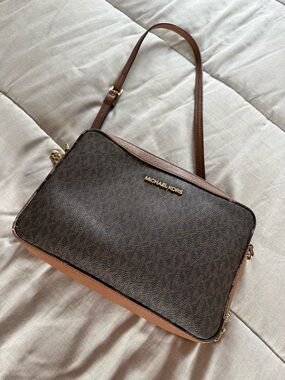 Michael Kors Dark Brown Signature Leather Crossbody with Tan Trim